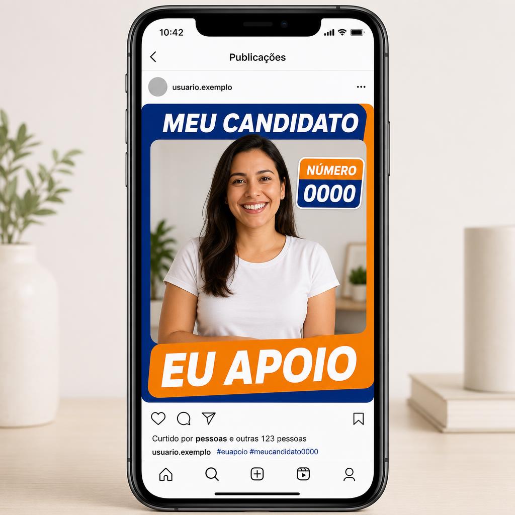 Demonstração fictícia de foto de apoio com moldura eleitoral genérica: Meu Candidato, número 0000, eu apoio